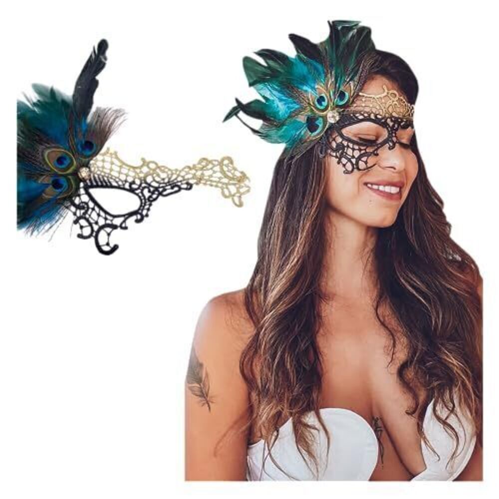 9691 Black Gold Peacock Feather Phantom Masquerade Mask - Lace Masquerade